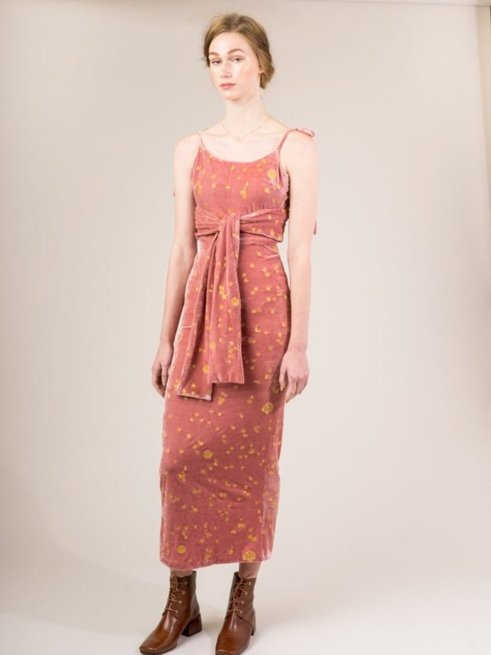 Samantha Pleet Stardust Celestial Pink Velvet Wrap Midi Dress